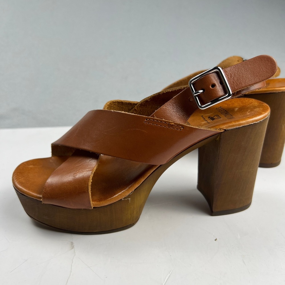 Brown Leather Wood Block Heel Boho Retro Platform Sandals Made in Italy Size 7 - Picture 10 of 16
